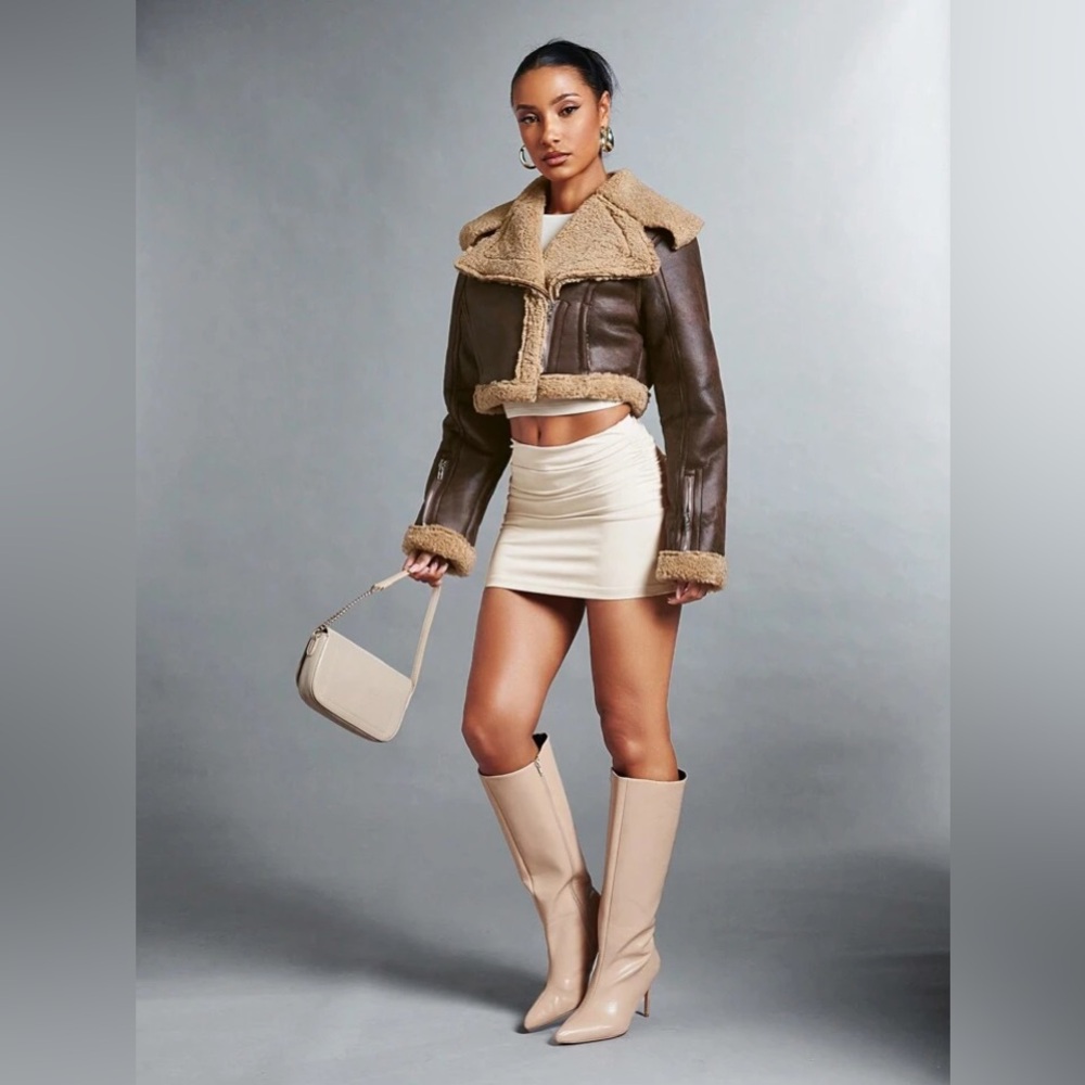 SHEIN X Carly Lawrence Khaki Fluffy Faux Shearling Jacket Brown - US 4/S - Picture 6 of 16